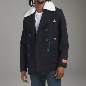 Mens Scotch & Soda Izak Double Breasted Peacoat with removable Fleece Collar 2XL